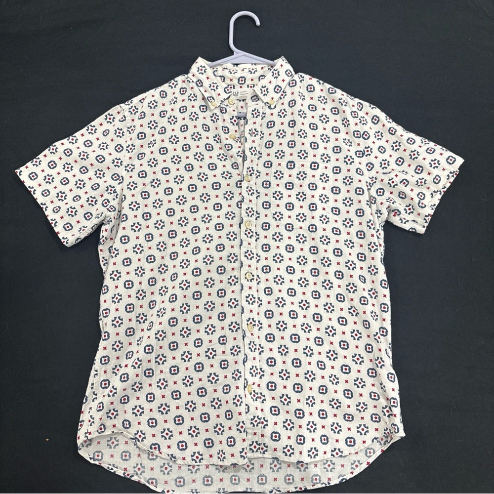 GAP Linen Cotton Geometric Tile Short Sleeve Button Up Shirt Men's Medium